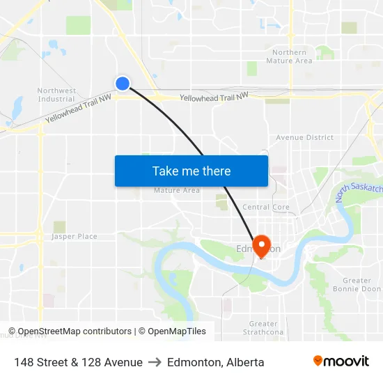 148 Street & 128 Avenue to Edmonton, Alberta map