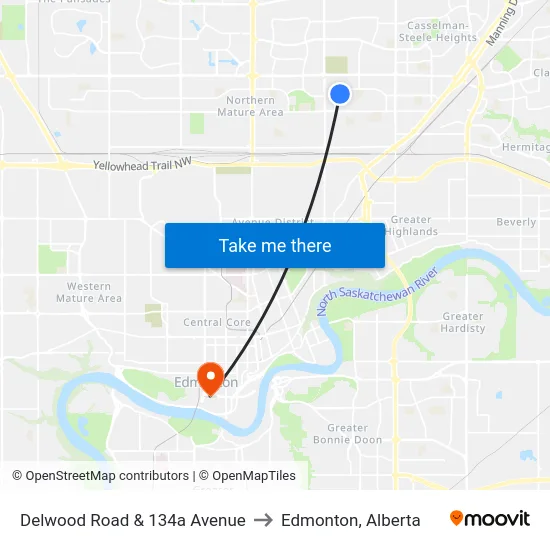 Delwood Road & 134a Avenue to Edmonton, Alberta map
