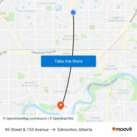 96 Street & 153 Avenue to Edmonton, Alberta map