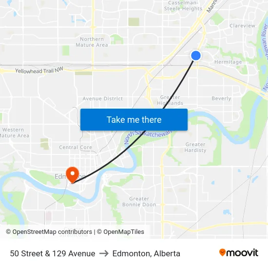 50 Street & 129 Avenue to Edmonton, Alberta map