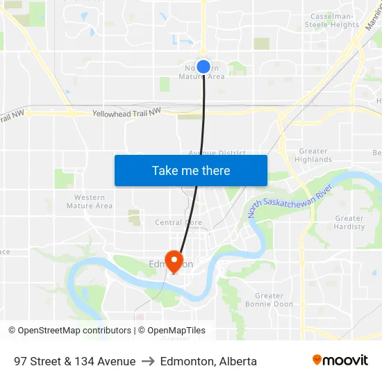 97 Street & 134 Avenue to Edmonton, Alberta map