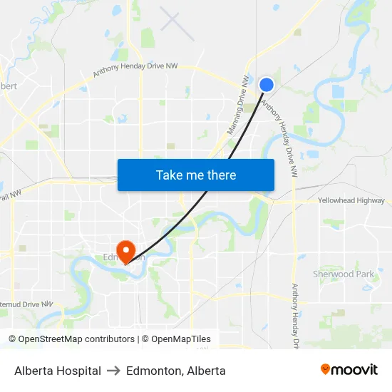 Alberta Hospital to Edmonton, Alberta map