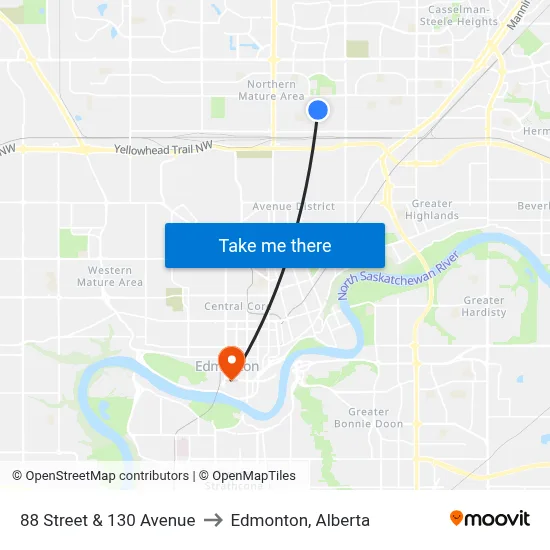 88 Street & 130 Avenue to Edmonton, Alberta map