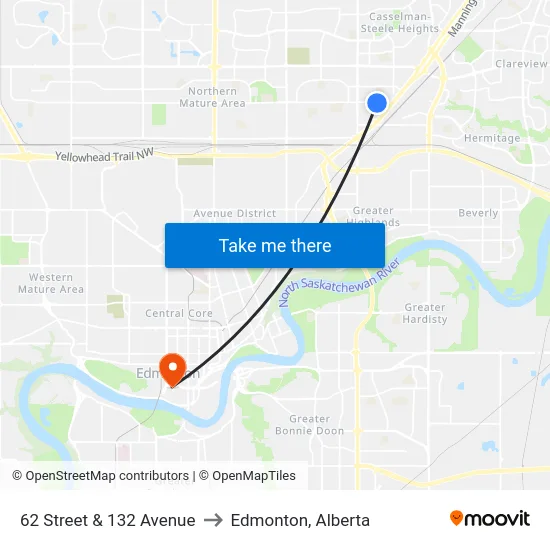 62 Street & 132 Avenue to Edmonton, Alberta map
