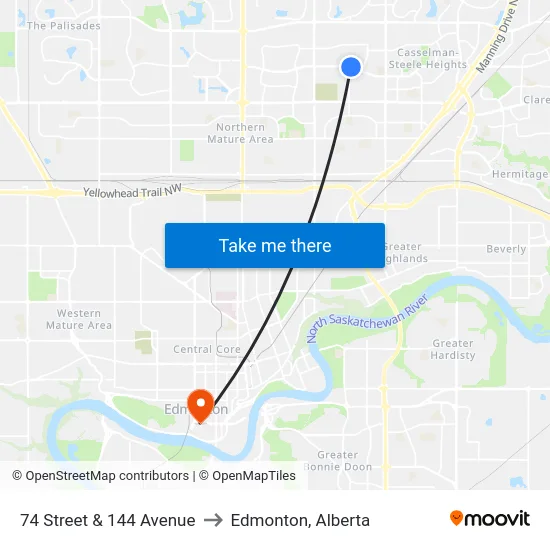 74 Street & 144 Avenue to Edmonton, Alberta map