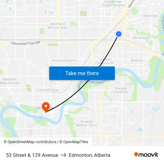 53 Street & 129 Avenue to Edmonton, Alberta map
