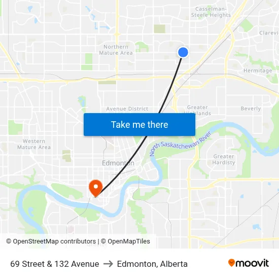 69 Street & 132 Avenue to Edmonton, Alberta map