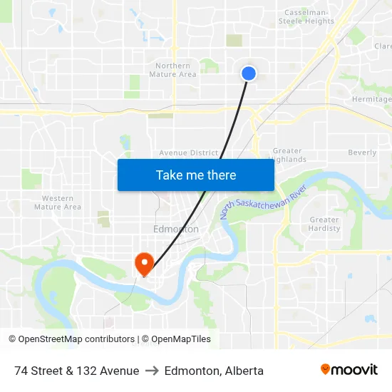 74 Street & 132 Avenue to Edmonton, Alberta map