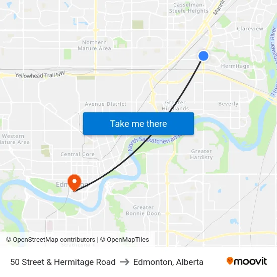 50 Street & Hermitage Road to Edmonton, Alberta map