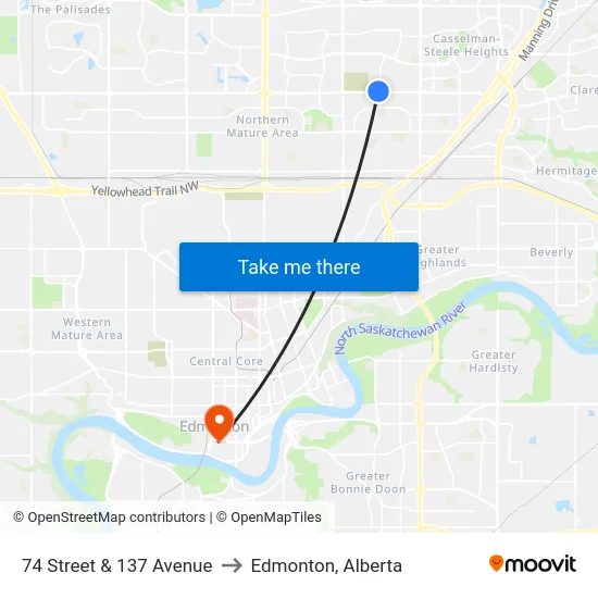 74 Street & 137 Avenue to Edmonton, Alberta map