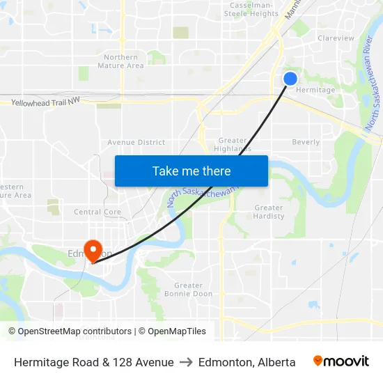 Hermitage Road & 128 Avenue to Edmonton, Alberta map