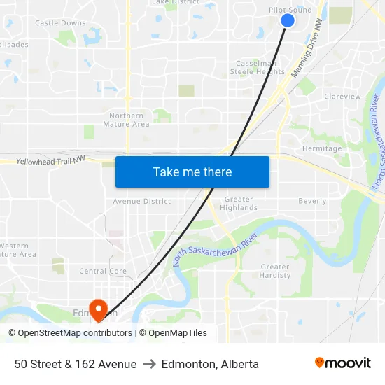 50 Street & 162 Avenue to Edmonton, Alberta map