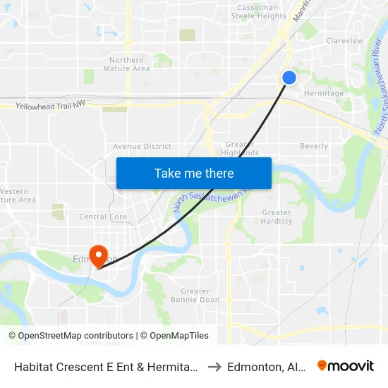 Habitat Crescent E Ent & Hermitage Road to Edmonton, Alberta map