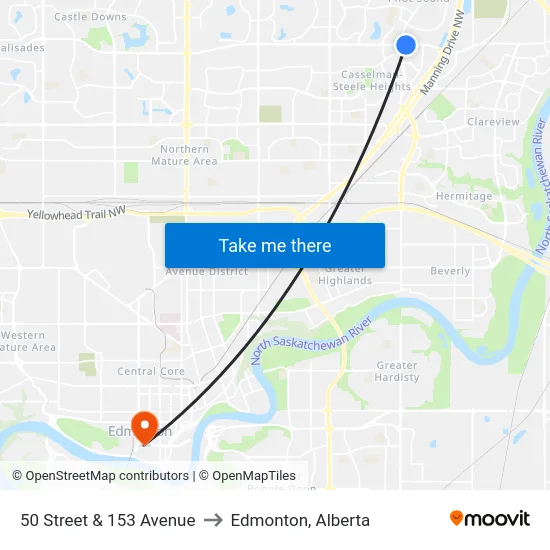 50 Street & 153 Avenue to Edmonton, Alberta map