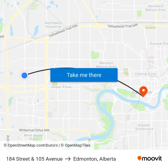 184 Street & 105 Avenue to Edmonton, Alberta map