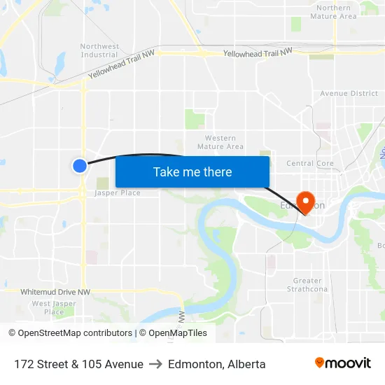 172 Street & 105 Avenue to Edmonton, Alberta map