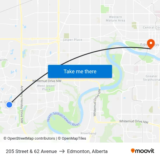 205 Street & 62 Avenue to Edmonton, Alberta map
