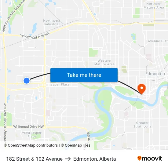 182 Street & 102 Avenue to Edmonton, Alberta map