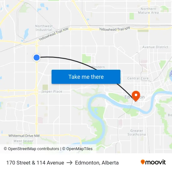 170 Street & 114 Avenue to Edmonton, Alberta map