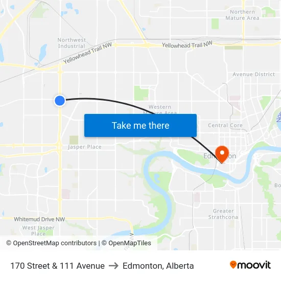 170 Street & 111 Avenue to Edmonton, Alberta map