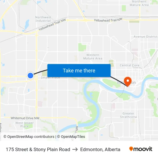 175 Street & Stony Plain Road to Edmonton, Alberta map