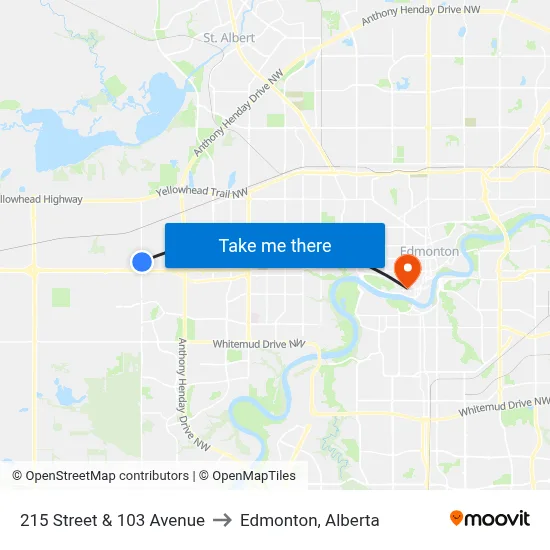 215 Street & 103 Avenue to Edmonton, Alberta map