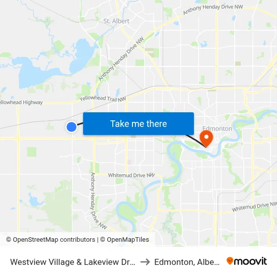 Westview Village & Lakeview Drive to Edmonton, Alberta map