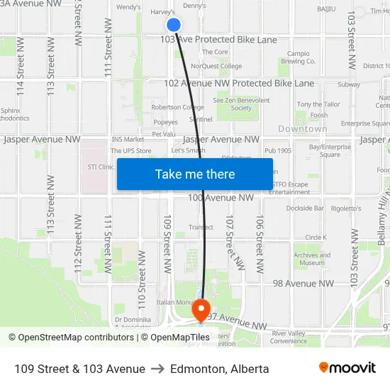 109 Street & 103 Avenue to Edmonton, Alberta map