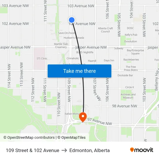 109 Street & 102 Avenue to Edmonton, Alberta map