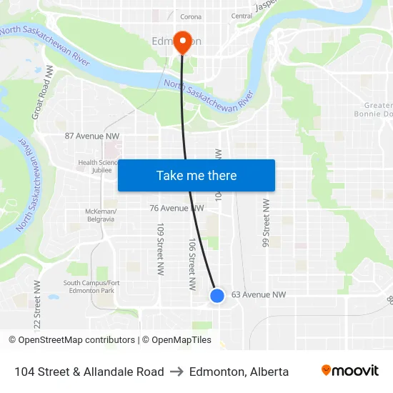 104 Street & Allandale Road to Edmonton, Alberta map