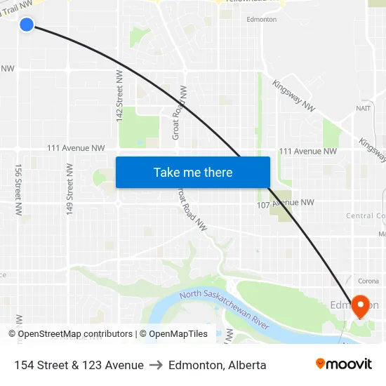 154 Street & 123 Avenue to Edmonton, Alberta map