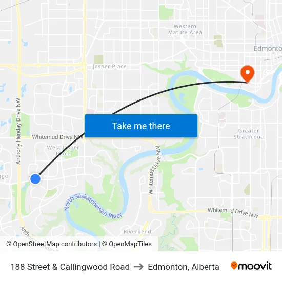 188 Street & Callingwood Road to Edmonton, Alberta map
