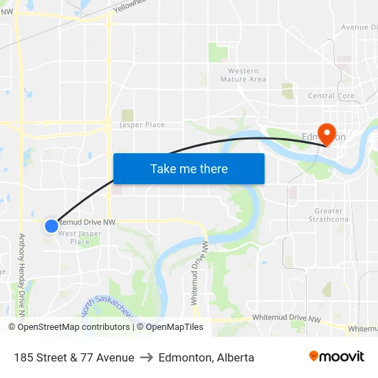 185 Street & 77 Avenue to Edmonton, Alberta map