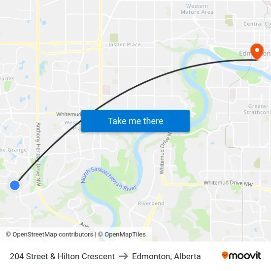 204 Street & Hilton Crescent to Edmonton, Alberta map