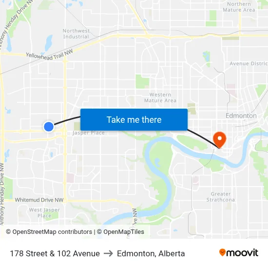 178 Street & 102 Avenue to Edmonton, Alberta map