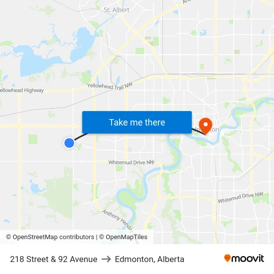 218 Street & 92 Avenue to Edmonton, Alberta map
