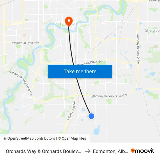 Orchards Way & Orchards Boulevard SW to Edmonton, Alberta map
