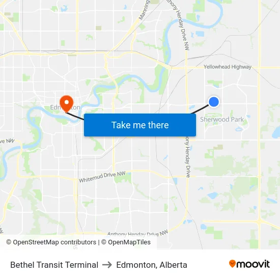Bethel Transit Terminal to Edmonton, Alberta map