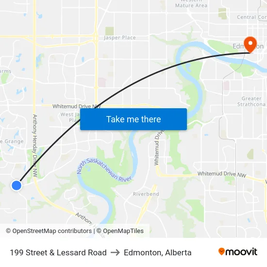 199 Street & Lessard Road to Edmonton, Alberta map