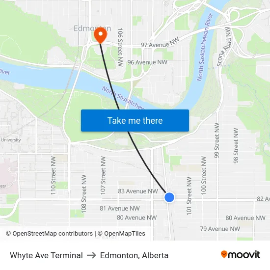 Whyte Ave Terminal to Edmonton, Alberta map