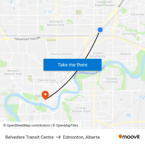 Belvedere Transit Centre to Edmonton, Alberta map