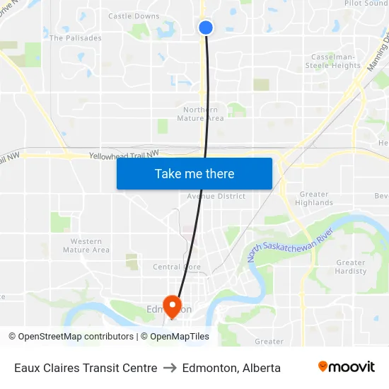 Eaux Claires Transit Centre to Edmonton, Alberta map