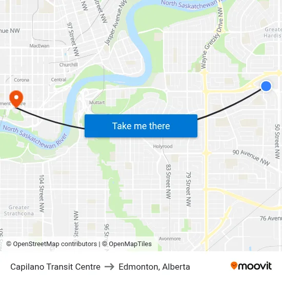 Capilano Transit Centre to Edmonton, Alberta map