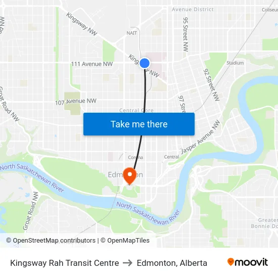 Kingsway Rah Transit Centre to Edmonton, Alberta map