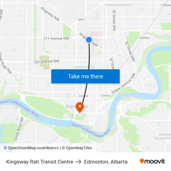 Kingsway Rah Transit Centre to Edmonton, Alberta map