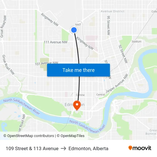 109 Street & 113 Avenue to Edmonton, Alberta map