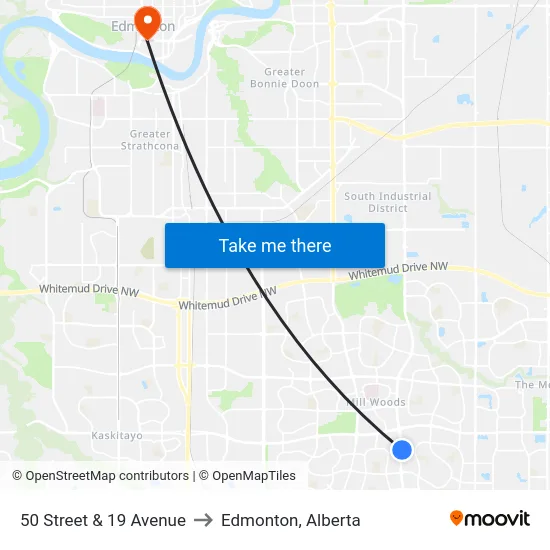 50 Street & 19 Avenue to Edmonton, Alberta map