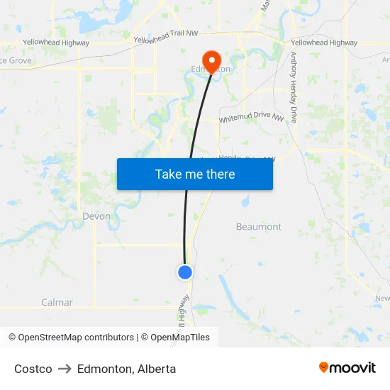 Costco to Edmonton, Alberta map
