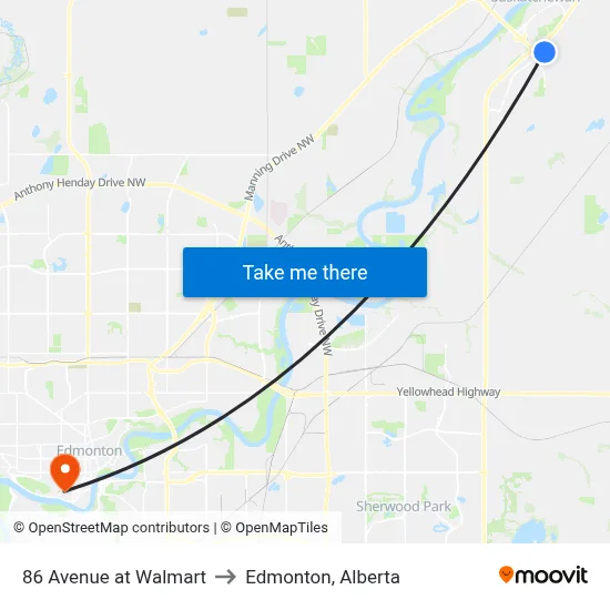 86 Avenue at Walmart to Edmonton, Alberta map