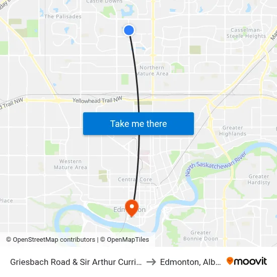 Griesbach Road & Sir Arthur Currie Way to Edmonton, Alberta map